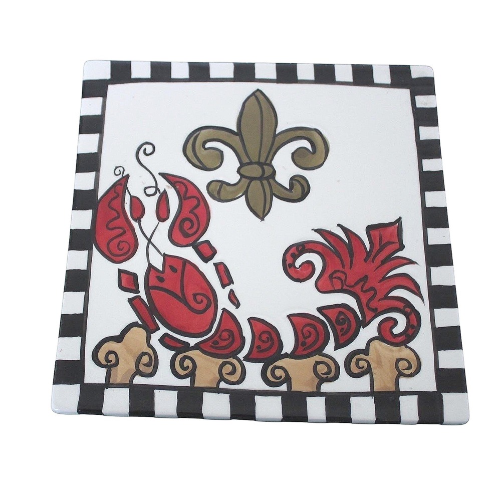 LB Original Lobster Fleur De Lis Ceramic Tile Trivet White Red 6x6 Artisan